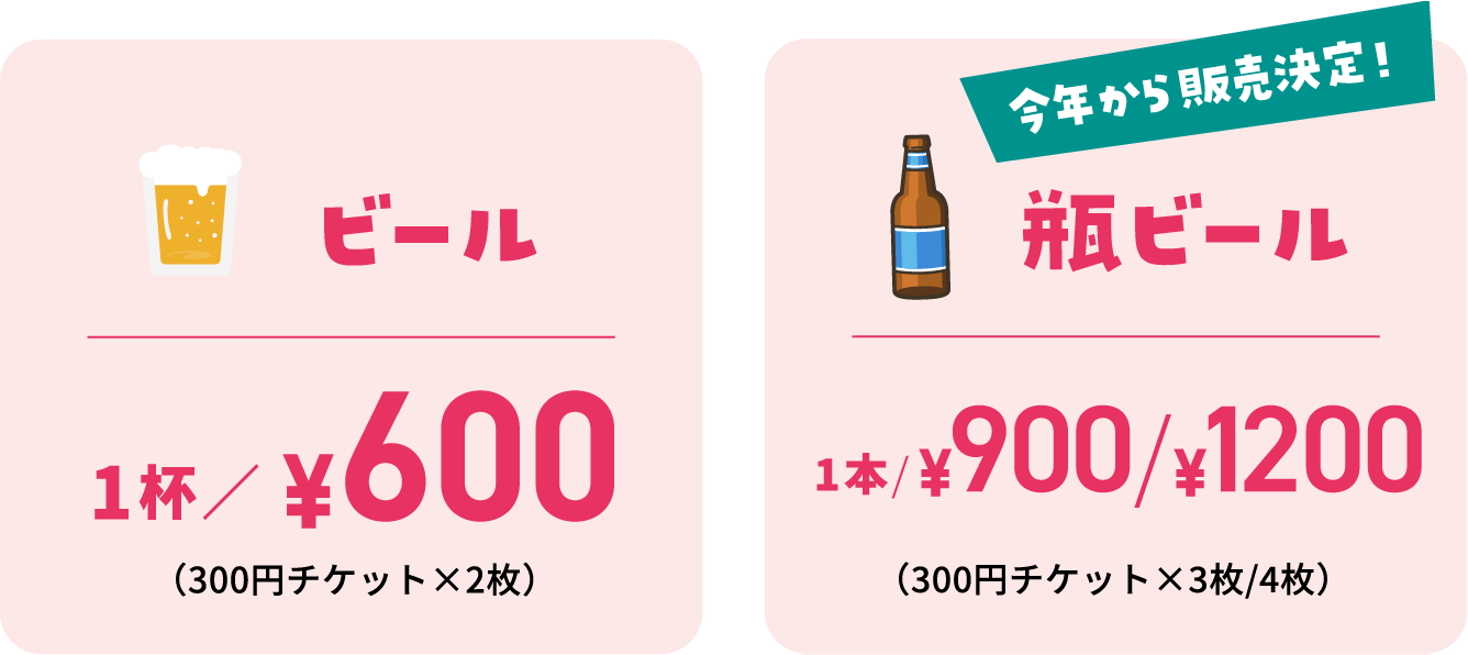 ビール1杯600円／瓶ビール1本900円,1200円
