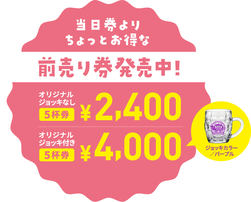 前売り券発売中！｜5杯券 2,400円｜オリジナルジョッキ付き5杯券 4,000円